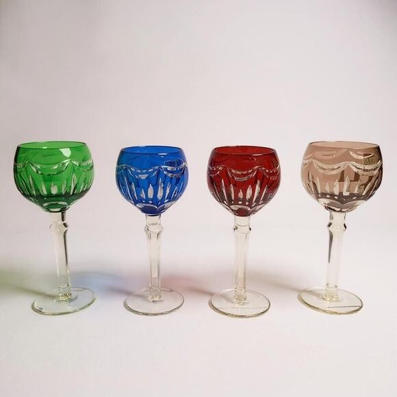 FIFTH AVENUE PRINCESS Set of 4 Cut-To-Clear Wine Goblets Green-Purple-Blue-Red - Picture 1 of 16